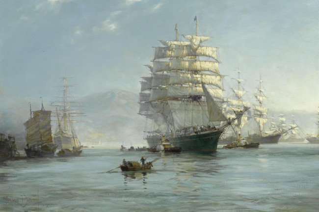 Обои картинки фото montague, dawson, рисованные, парусники, лодка, море