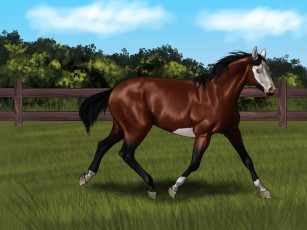 Картинка рисованные животные лошади лошадь забор луг