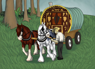 Картинка рисованные животные лошади телега