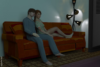 Картинка 3д графика people люди комната диван светильник пареень девушка