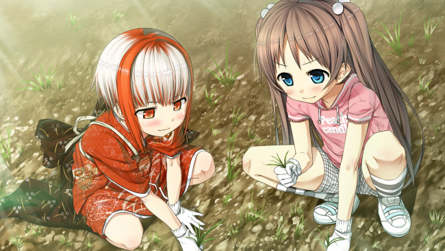 Обои картинки фото monobeno, аниме, трава, девушки