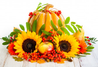 Картинка еда натюрморт autumn подсолнухи яблоки pumpkin осень урожай листья фрукты sunflower harvest тыква груши ягоды