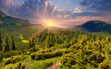 Картинка природа восходы закаты nature трава горы солнце луга landscape