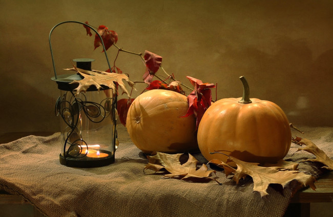 Обои картинки фото еда, тыква, фонарь, листья, осень