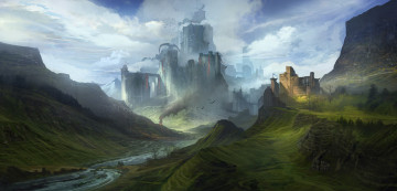 Картинка фэнтези замки река фантазия пейзаж горы небо облака крепость дракон замок