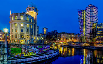 Картинка города вена+ австрия дома набережная канал река фонари vienna огни ночь граффити рыбаки дизайн