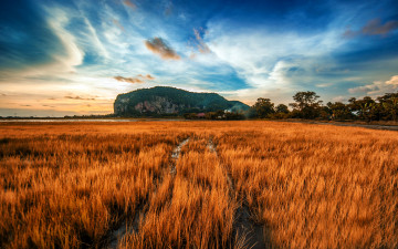 Картинка природа поля осень поле облака небо вечер скалы гора колея вода трава