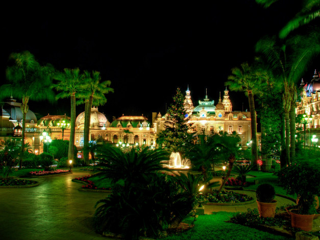 Обои картинки фото города, монако , монако, зелень, дизайн, дорожки, дворец, цветы, фонтан, сад, фонари, огни, ночь, monte, carlo, casino, газон, пальмы, елка, кусты