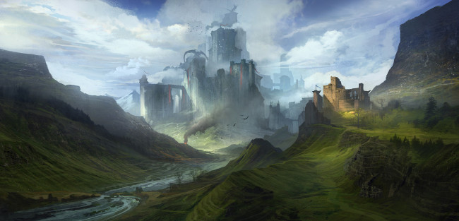 Обои картинки фото фэнтези, замки, река, фантазия, пейзаж, горы, небо, облака, крепость, дракон, замок