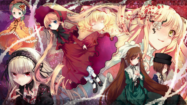 Обои картинки фото аниме, rozen maiden, suiseiseki, suigintou, kanaria, hina, ichigo, souseiseki, shinku, kirakishou, rozen, maiden, miyako, takashi, девушки, арт