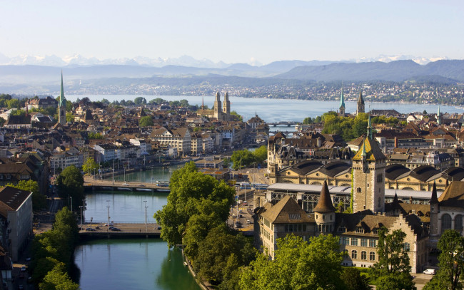 Обои картинки фото города, цюрих , швейцария, река, пейзаж, горы, дома, zurich, канал, мосты