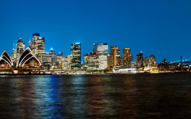 Обои картинки фото города, сидней , австралия, ночь, небоскребы, побережье, сидней, огни