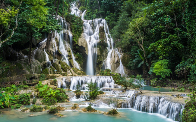 Обои картинки фото природа, водопады, водопад, лес, деревья, скалы, камни, kuang, si, waterfall, laos