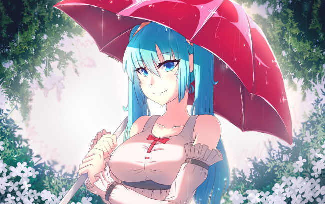 Обои картинки фото аниме, vocaloid, девушка, взгляд, фон, зонтик