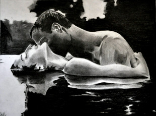 Картинка рисованное люди поцелуй вода фон мужчина девушка
