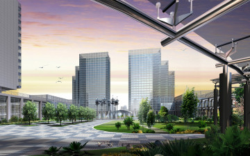Картинка 3д+графика архитектура+ architecture здания дома город фонтан парк небоскребы