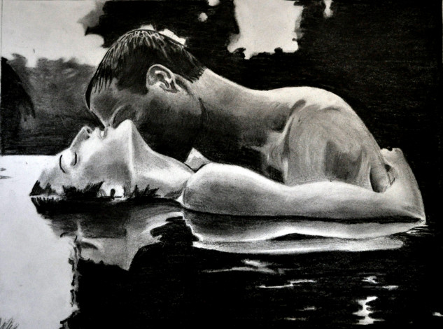 Обои картинки фото рисованное, люди, поцелуй, вода, фон, мужчина, девушка