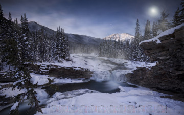 обоя календари, природа, водоем, снег, 2018, деревья