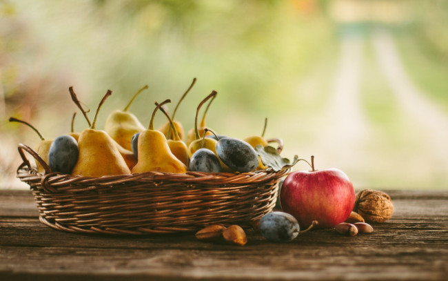 Обои картинки фото еда, фрукты,  ягоды, груши, яблоки, сливы, орехи, натюрморт
