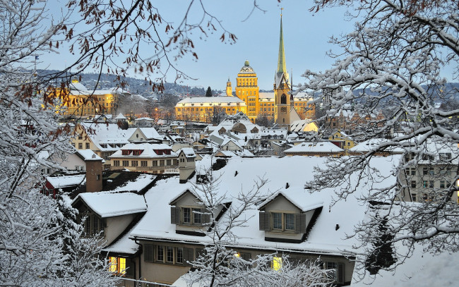 Обои картинки фото города, цюрих , швейцария, снег, зима, крыши