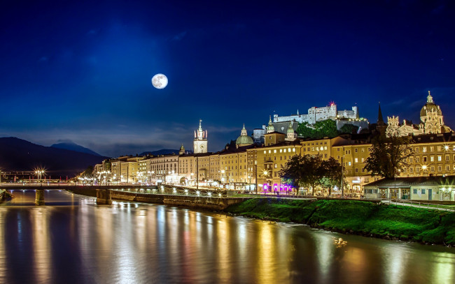 Обои картинки фото города, зальцбург , австрия, мост, река, ночь, луна