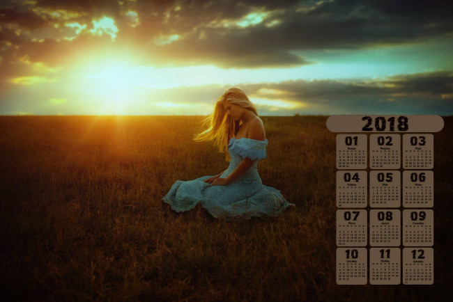 Обои картинки фото календари, девушки, профиль, трава, облака, солнце, 2018