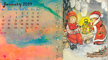 обоя календари, праздники,  салюты, фонарь, снег, щенок, мальчик, девочка