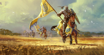 обоя рисованное, армия, рыцарь, фон, конь, латы, знамя