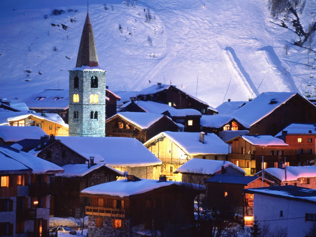 Обои картинки фото val, d`isere, village, france, города, огни, ночного