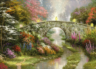 обоя thomas, kinkade, рисованные, пейзаж, цветы, фонари, мост, река