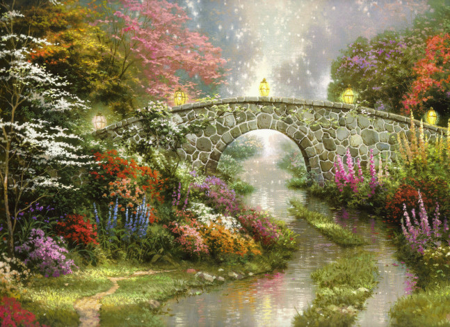 Обои картинки фото thomas, kinkade, рисованные, пейзаж, цветы, фонари, мост, река