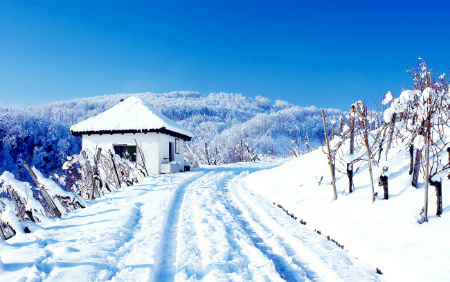 Обои картинки фото природа, зима, пейзаж, хижина, снег