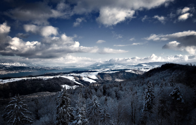 Обои картинки фото природа, зима, деревья, лес, снег, река, горы