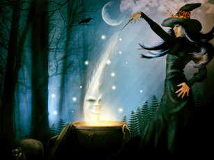 Картинка фэнтези маги +волшебники +чародеи котел колдовство ночь ворон кошка ведьма шляпа