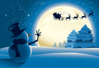 Картинка праздничные векторная+графика+ новый+год санта-елаус снег звезды снеговик сани олени луна