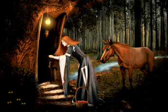 Картинка фэнтези девушки единорог дерево яблоки ключи корзина