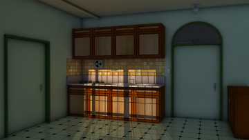 Картинка 3д+графика realism+ реализм мойка плита дверь кухня