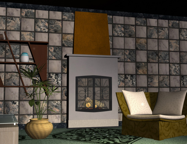 Обои картинки фото 3д графика, realism , реализм, камин, подушки, растение, кресло