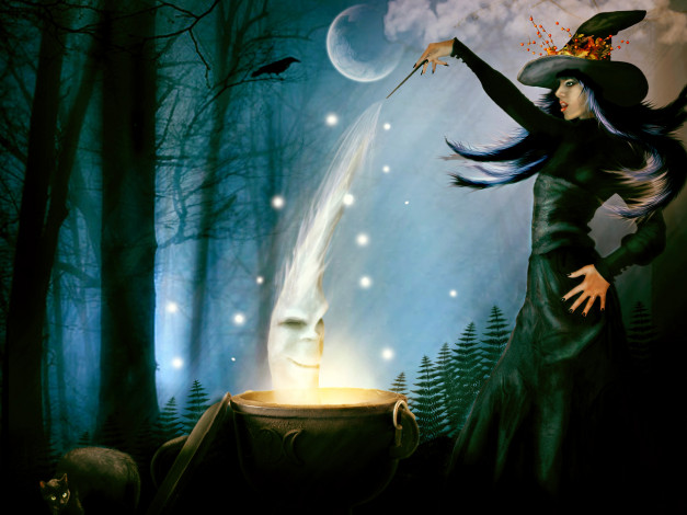 Обои картинки фото фэнтези, маги,  волшебники,  чародеи, котел, колдовство, ночь, ворон, кошка, ведьма, шляпа