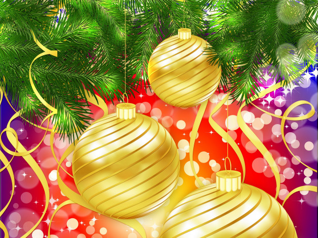 Обои картинки фото праздничные, векторная графика , новый год, мишура, ветка, елка, шарики