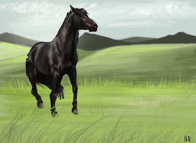 Обои картинки фото рисованные, животные,  лошади, луг, лошадь
