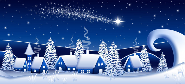 Обои картинки фото праздничные, векторная графика , новый год, снег, деревья, дома