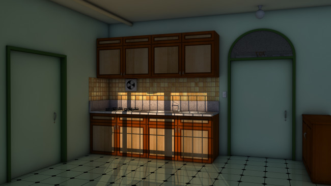 Обои картинки фото 3д графика, realism , реализм, мойка, плита, дверь, кухня