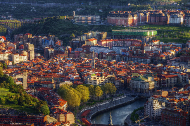 Обои картинки фото испания  бильбао, города, - панорамы, река, дома, бильбао, страна, басков, испания, деревья, мост