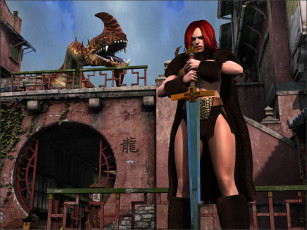 Картинка 3д+графика фантазия+ fantasy меч дракон взгляд девушка