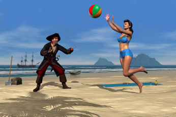 Картинка 3д+графика люди+ people лопата парусник песок море пляж пират мяч девушка