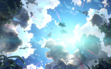 обоя аниме, sword art online, yuuki, kazuto, kirigaya, sword, art, online, облака, арт, tatsuya, asuna, небо, полёт