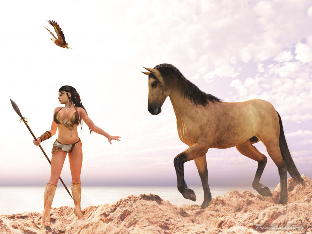 Обои картинки фото 3д графика, амазонки , amazon, орел, лошадь, оружие, фон, взгляд, девушка