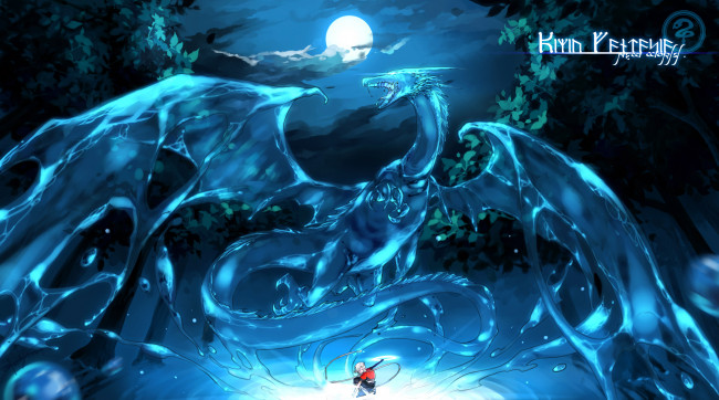 Обои картинки фото аниме, pixiv fantasia, вода, магия, парень, листья, луна, ночь, деревья, дракон, арт, pixiv, fantasia, hexahydrate