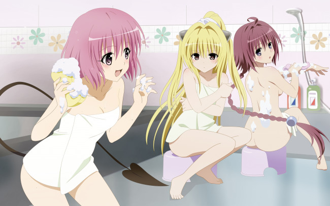 Обои картинки фото аниме, to-love-ru, хвост, пена, девушки